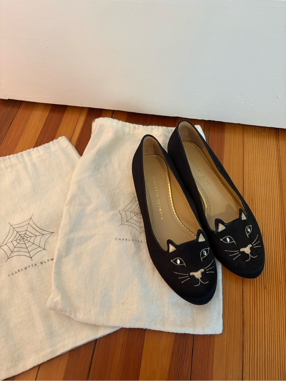 Charlotte Olympia Black Kitty Face Satin Flats, size 38